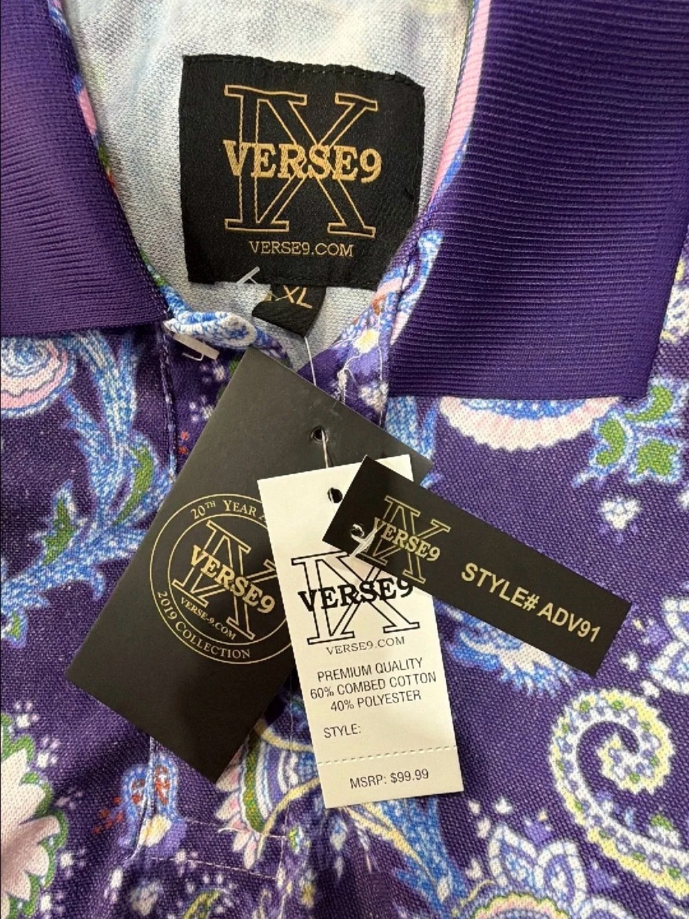 New Verse9 Signature Paisley Polo Shirt Purple Pique Buttons Golf Mens NWT - Picture 3 of 5